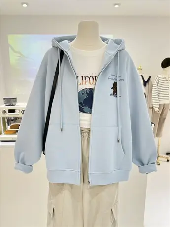 美式复古卡通刺绣百搭慵懒休闲宽松拉链帽衫女卫衣外套连帽上衣商品大图