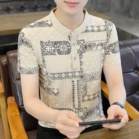 个性印花Polo衫短袖男夏季装潮牌ins修身立领半袖T恤男士体恤上衣商品大图