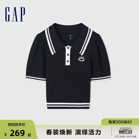 Gap女装春季2024新款LOGO撞色条纹泡泡袖翻领针织衫短上衣891736图片