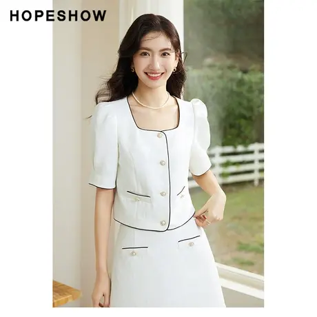 红袖outlets香风短外套hopeshow2023夏季新款女装泡泡袖短袖上衣图片