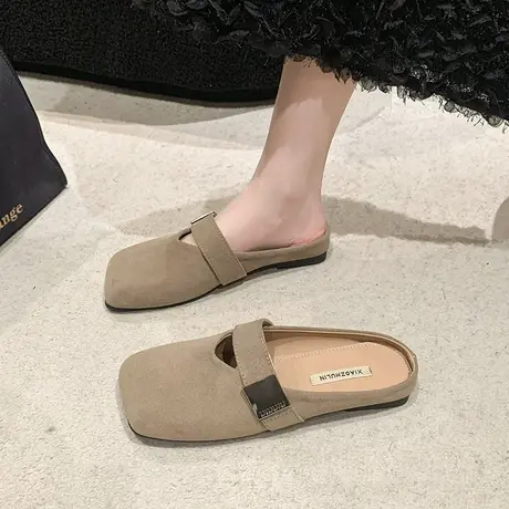 半拖鞋女平底休闲女鞋2024年新款春秋季方头小众勃肯软底包头拖潮商品大图
