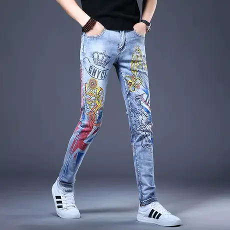 男士印花牛仔裤男秋款男款休闲裤子修身小脚弹力轻奢潮牌2023新款图片