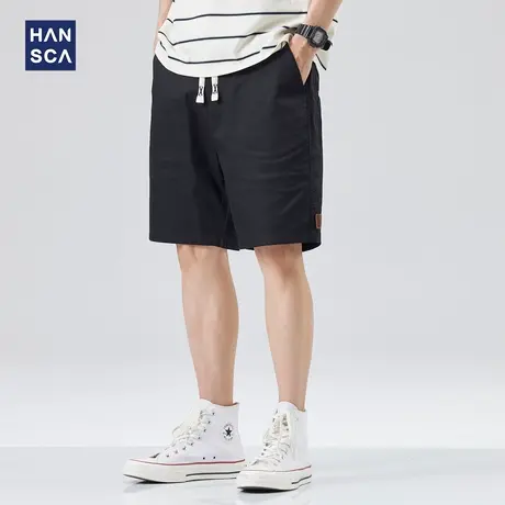 hansca休闲短裤男宽松直筒夏季薄款简约纯色运动大码黑色五分裤子商品大图