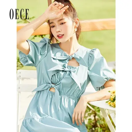 Oece春夏装新款女装复古法式裙子甜心蝴蝶结裹胸泡泡短袖连衣裙图片