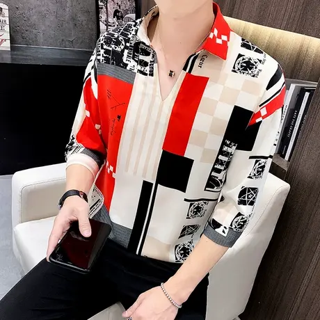 夏季宽松t恤男士短袖个性潮牌V领上衣服韩版翻领polo衫七分袖体恤商品大图