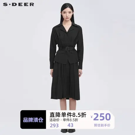 sdeer圣迪奥女装翻领抽褶不规则腰封两件连衣裙S22161223图片