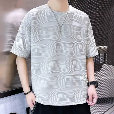 夏季短袖男宽松潮流褶皱压花半袖体恤衫男士T恤冰丝凉感休闲衣服t商品大图
