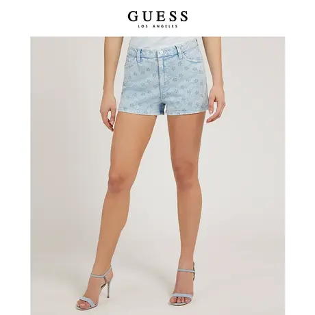 GUESS 女士学院风刺绣花纹休闲牛仔短裤-W2GD29D4MW1图片