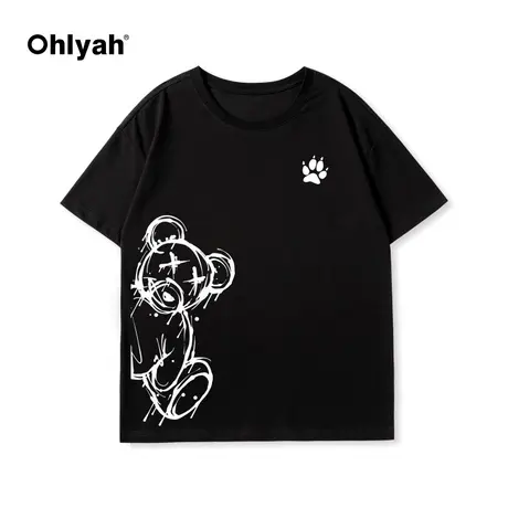 Ohlyah黑色短袖t恤女纯棉宽松2023新款小熊情侣半袖中性上衣定制商品大图