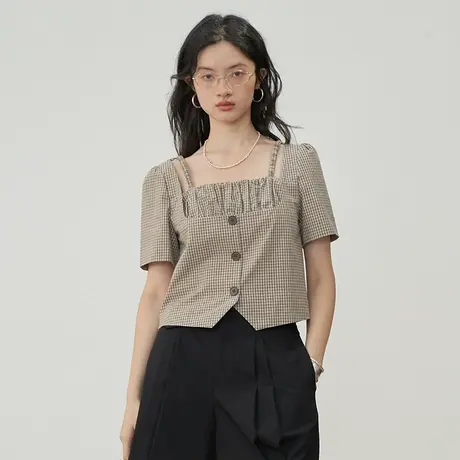 omont蛋挞家 复古假两件短袖衬衫女小个子短款上衣设计感小众女夏图片