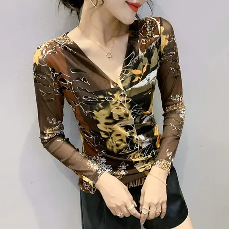 2023春装新款性感V领交叉T恤复古印花上衣紧身内搭打底衫女长袖潮商品大图