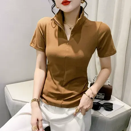 欧货设计感女装时尚洋气拉链上衣短袖别致翻领T恤ins潮修身小衫夏商品大图