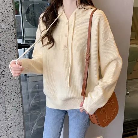 2023年秋装新款连帽慵懒风针织衫毛衣外套长袖外穿百搭洋气卫衣女商品大图