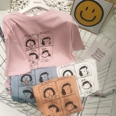ins学院风港味原宿卡通印花短袖上衣夏季韩国东大门甜美T恤姐妹装商品大图