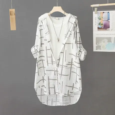 长袖防晒衬衫女中长款宽松前短后长连帽薄款外套防晒衣衬衣开衫潮图片