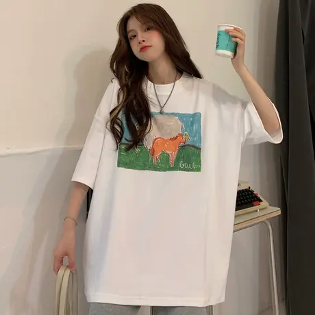 美式复古vintage短袖t恤女2021新款夏季宽松韩版半袖上衣服ins潮商品大图