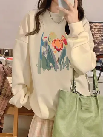 美式复古oversize潮牌卫衣女2023春秋薄款宽松韩版上衣慵懒风外套商品大图