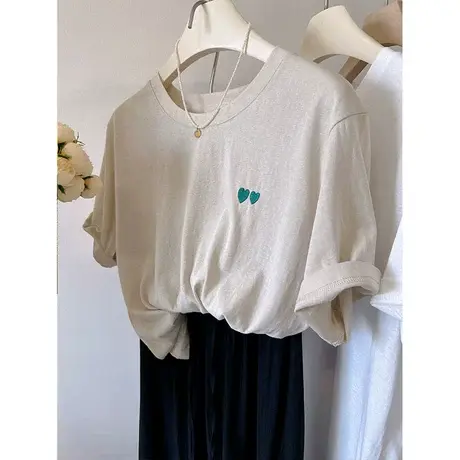 韩国one 软糯雪花棉双爱心刺绣圆领轻薄宽松套头短袖T恤女夏商品大图