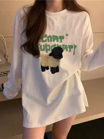 白色仿棉长袖t恤上衣2023早秋新款欧货女装冬季加德绒内搭打底衫商品大图