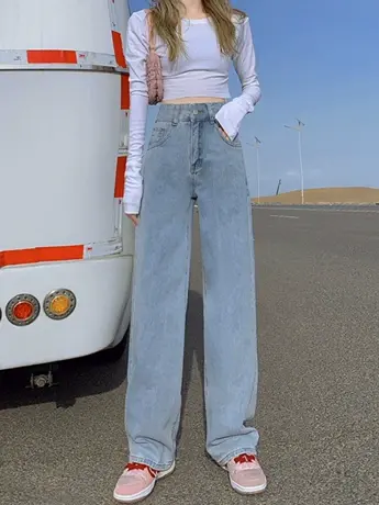 薄款小个子阔腿牛仔裤女秋冬2023年新款宽松潮流显瘦设计感拖地裤图片