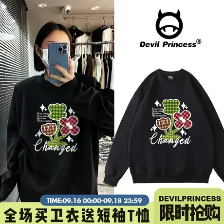 chic少女风韩系百搭宽松黑色套头卫衣女显瘦慵懒风秋季加绒上衣商品大图