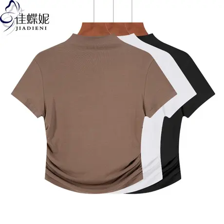 秋季新款韩版高领修身短款高腰纯欲褶皱穿纯棉短袖体恤上衣内搭女商品大图