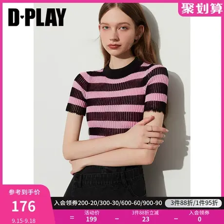 DPLAY2023夏新粉黑条纹撞色干爽透气修身圆领短袖套头针织小衫商品大图