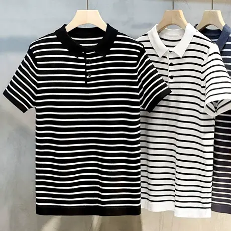 男士条纹polo衫男士短袖夏季潮流宽松商务休闲男装上衣翻领t恤男商品大图