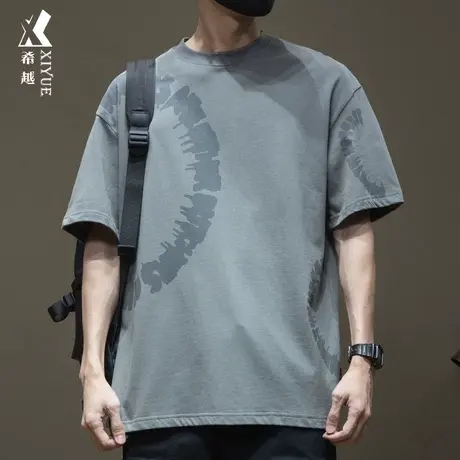希越潮牌夏季短袖T恤男生宽松大码280g重磅印花纯棉半袖休闲上衣商品大图