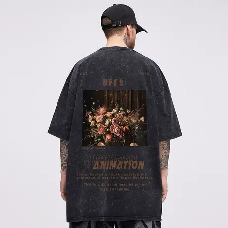 oversize美式重磅潮牌胖子男加肥加大码宽松洗水做旧复古短袖T恤图片