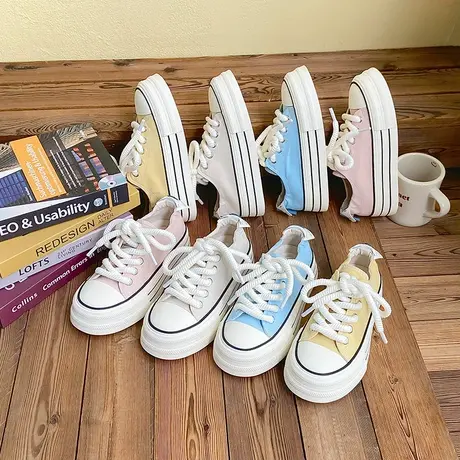 2023夏季新款透气鞋子奶油色小白鞋百搭学生板鞋厚底帆布鞋女商品大图