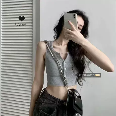 韩版ins无袖修身外穿短款小吊带上衣女夏季法式内搭打底灰色背心图片