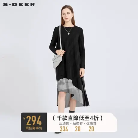 sdeer圣迪奥圆领肌理网纱印花吊带两件套毛呢黑色连衣裙S20481231图片