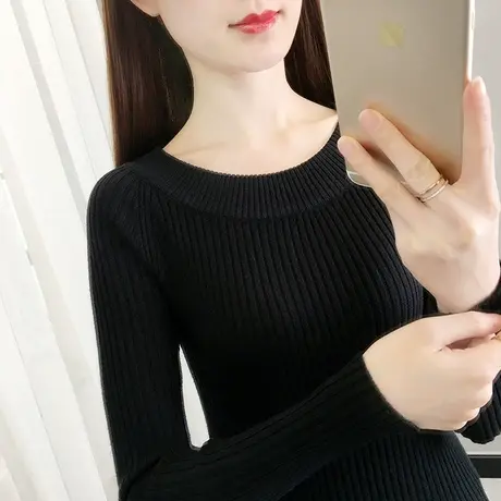 一字领针织衫女秋季2022新款黑色上衣内搭修身打底衫薄款毛衣套头商品大图