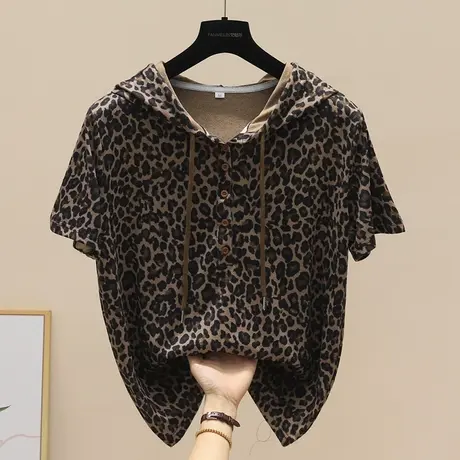 2023年新款韩版时尚豹纹连帽短袖T恤女宽松显瘦洋气上衣打底衫潮商品大图