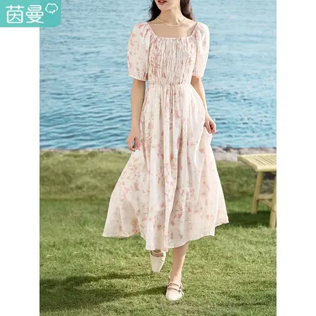 【商场同款】茵曼温柔风连衣裙2023夏女装新款一字肩打揽碎花长裙商品大图
