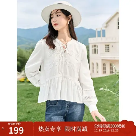 茵曼棉麻衬衣2023秋女装新款镂空花边系带领灯笼袖长袖提花上衣商品大图