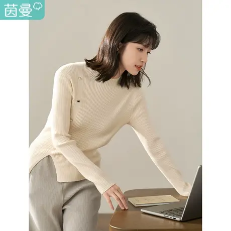 茵曼2023冬女装新款优雅气质斜修身显瘦边纽扣装饰半高领长袖毛衣商品大图