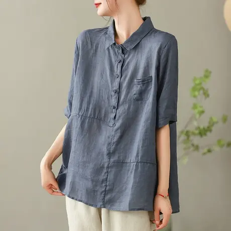 dza 复古纯色拼接苎麻衬衫女2023夏薄款套头衬衣休闲宽松棉麻上衣商品大图