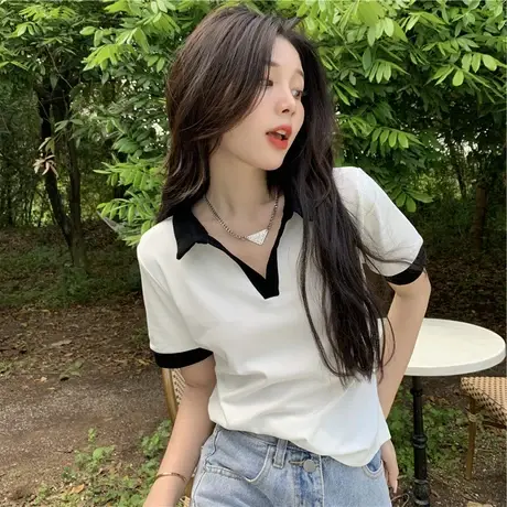 法式漂亮小衫搭配衬衫夏季小众独特别致短款翻领短袖上衣t恤女士图片