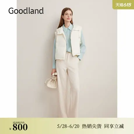 Goodland美地秋季轻薄百搭米白色短款连帽羽绒服马甲商品大图