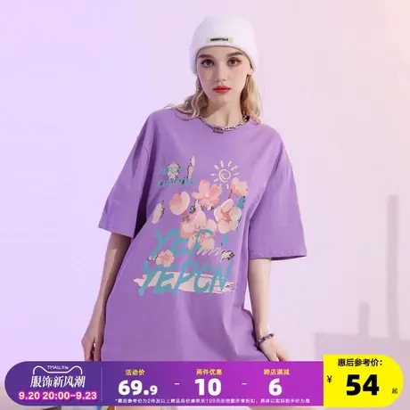 唐狮2022夏季新款情侣短袖T恤男女同码花卉印花上衣圆领宽松潮牌图片