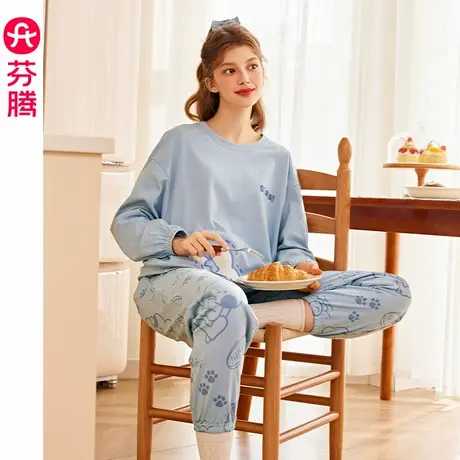 芬腾睡衣女春秋季纯棉长袖宽松休闲卡通可爱布朗熊大码家居服套装商品大图