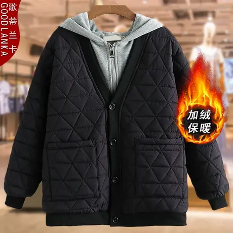 加肥加大码女中老年假两件棉衣外套加绒保暖棉袄中年妈妈冬装棉服商品大图