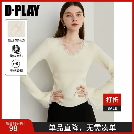 DPLAY【惠品】2025年春季新款气质白色毛衣女蕾丝针织衫修身上衣图片