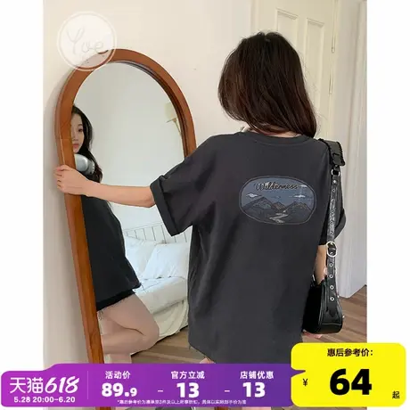 yoe美式宽松后背印花短袖t恤女2025年夏季新款灰色纯棉半袖体恤商品大图