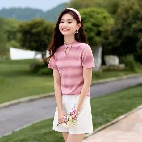 时尚气质新中式减龄短袖针织衫女士2024夏季新款百搭温柔淑女T恤图片