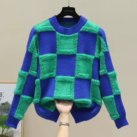 欧洲站2023秋冬新款撞色加厚针织衫立体植绒大格子慵懒风毛衣女图片