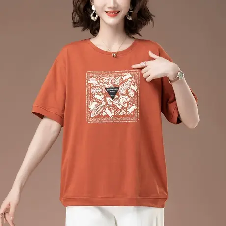 纯棉短袖T恤女夏装新款中年妈妈加肥加大码女装宽松印花显瘦上衣商品大图