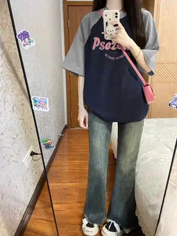 港味复古风T恤短袖女大码oversize夏季纯棉插肩袖潮牌ins撞色上衣商品大图